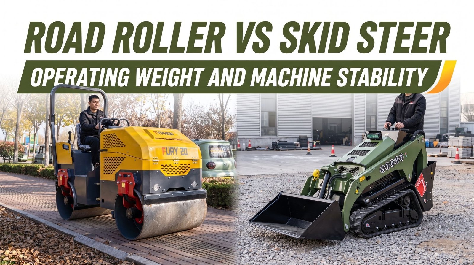 What makes a skid steer more likely to tip than a road roller?